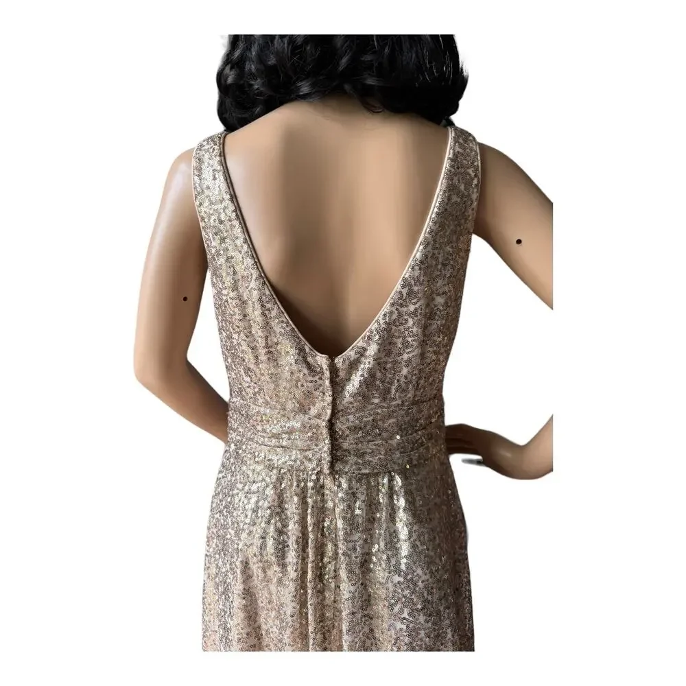 David's Bridal sequin v-neck bridesmaid dress with satin piping gold size 8